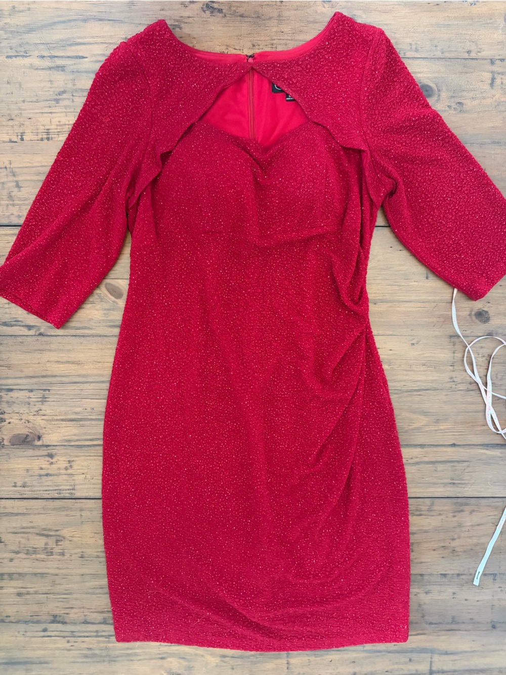 Red Sparkle Ruched Long Sleeve Bodycon Midi Dress Holiday Cocktail